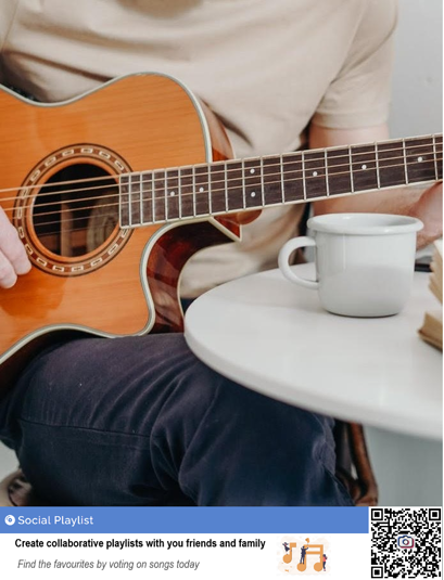 Advertisement of Social Playlist superimposed on an image of a man playing guitar